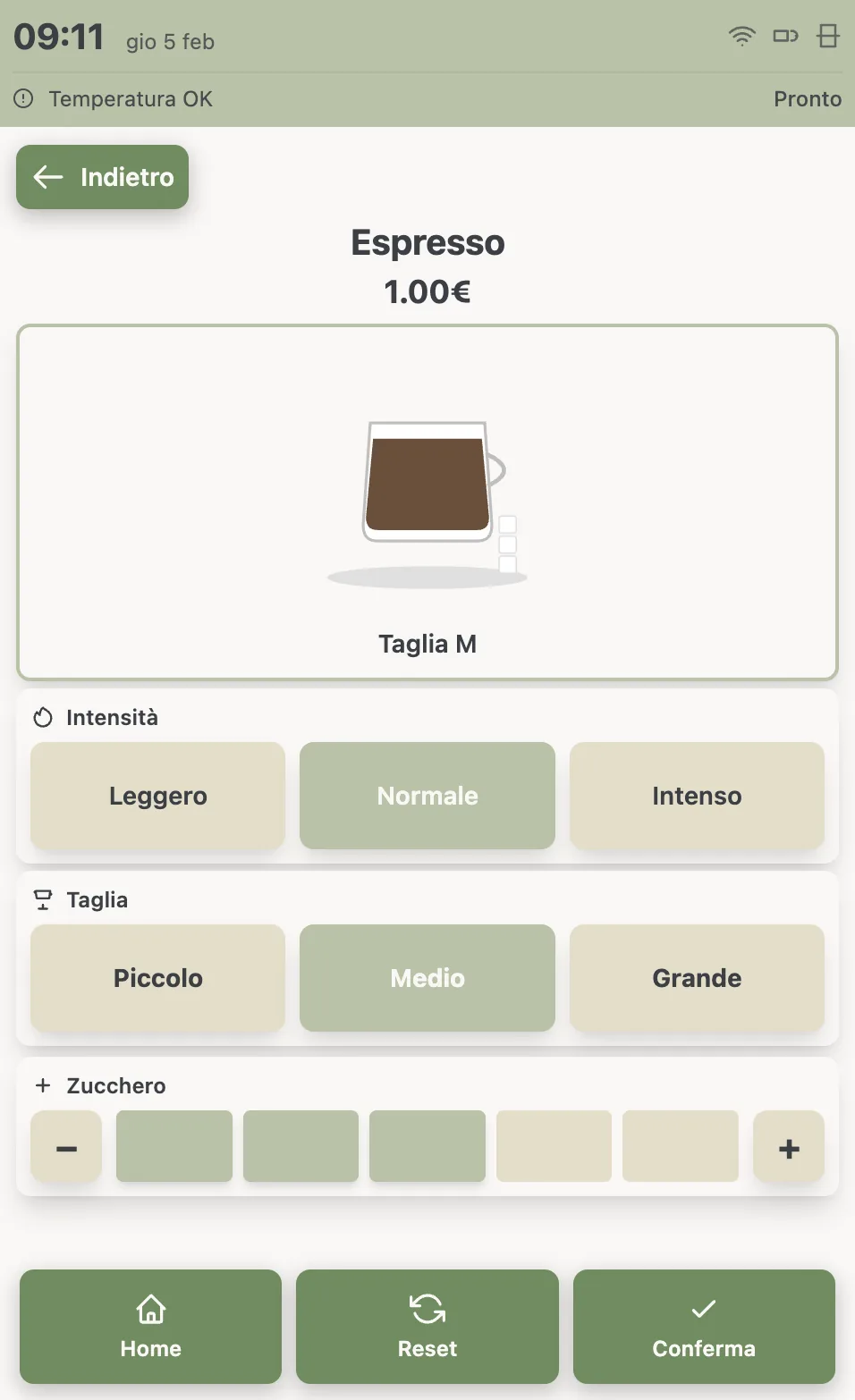Andrea De Nuccio, prototipo della macchina del caffè (Master Mucca Design UX/UI): espresso a 1,00€, intensità e taglia come gruppi di tre bottoni, zucchero come barra a sei tacche, e in fondo Home, Reset e Conferma.