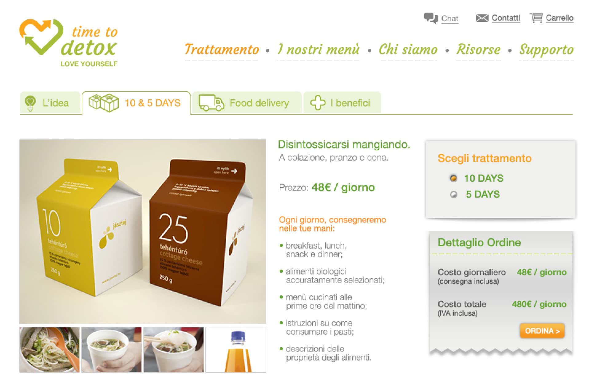 Product page: the 10 and 5 day treatments, €48 a day, what arrives each day