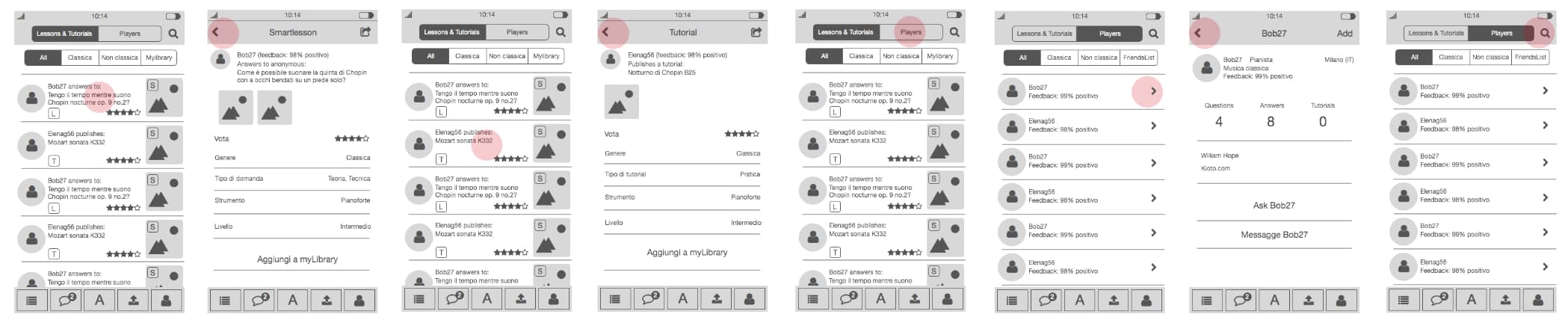 Wireframes: lessons and tutorials, questions answered by other players, feedback scores