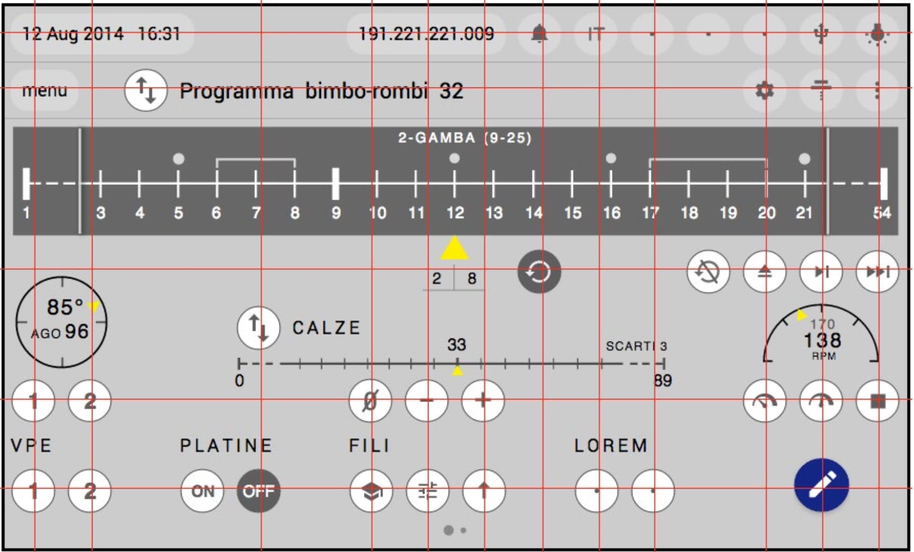 Lonati: knitting program as a timeline, needle temperature, RPM gauge, controls aligned on a grid