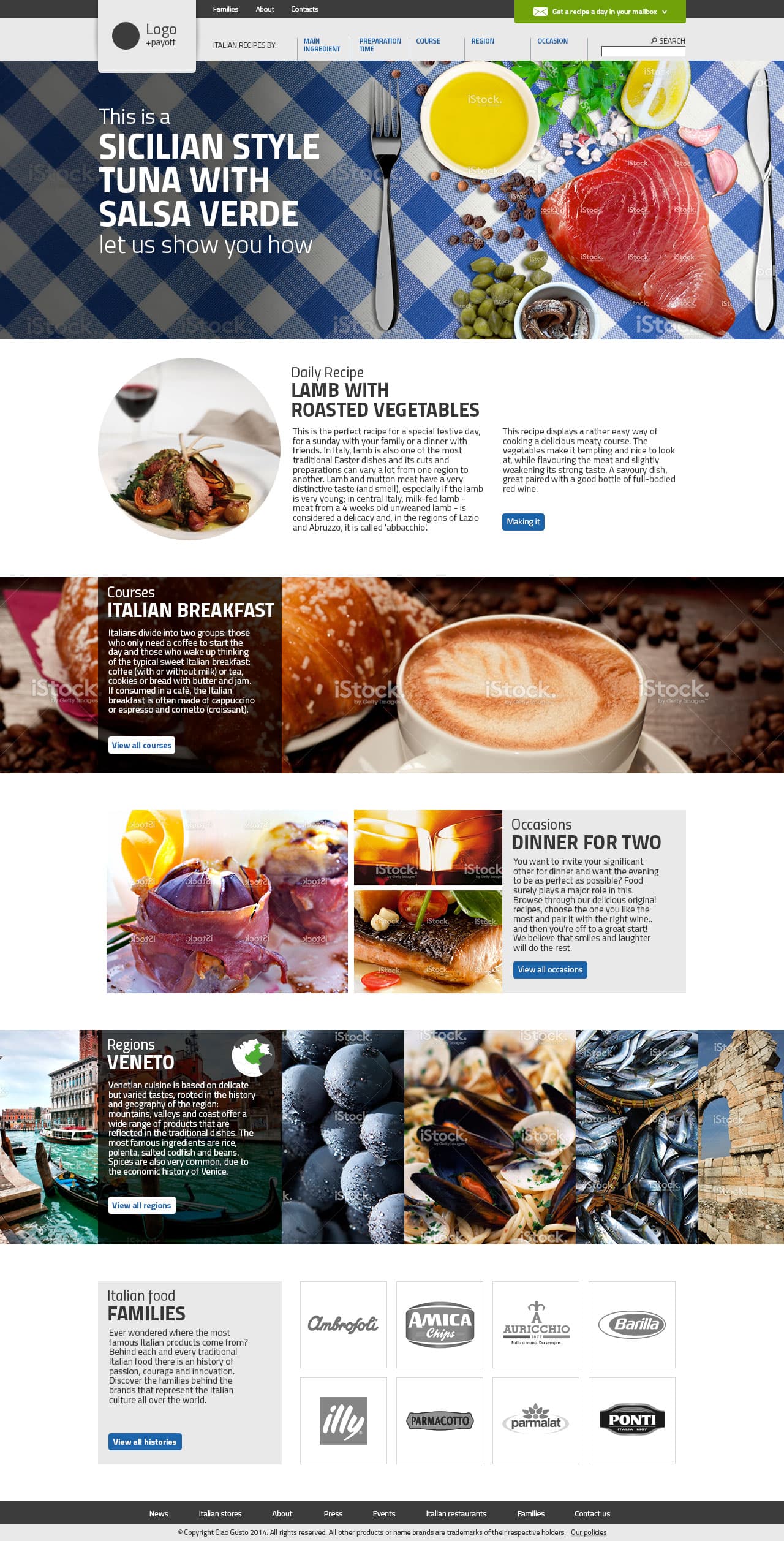 Home: the daily recipe, then courses, occasions, regions and the food families