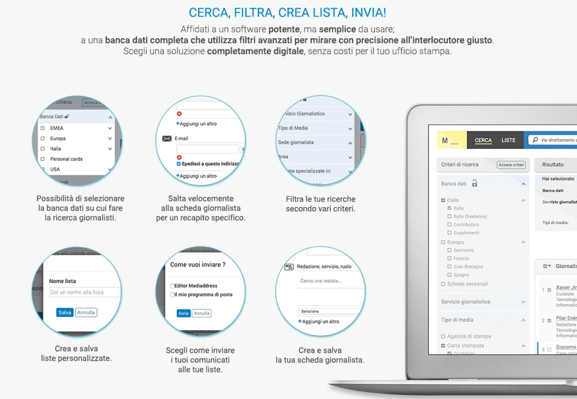 Product page: search, filter, build a list, send