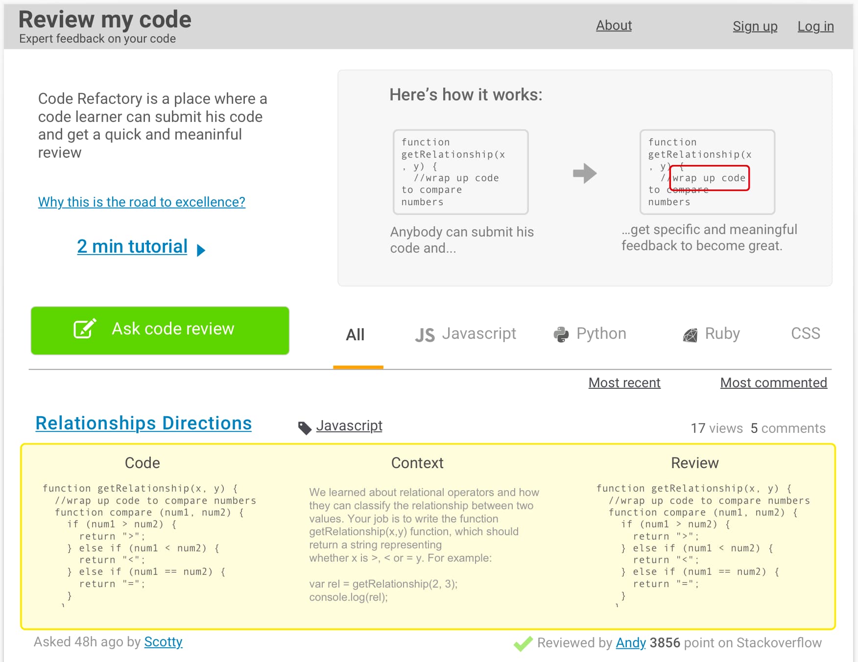 A review request: the code, the exercise it came from, and the reviewer's version side by side