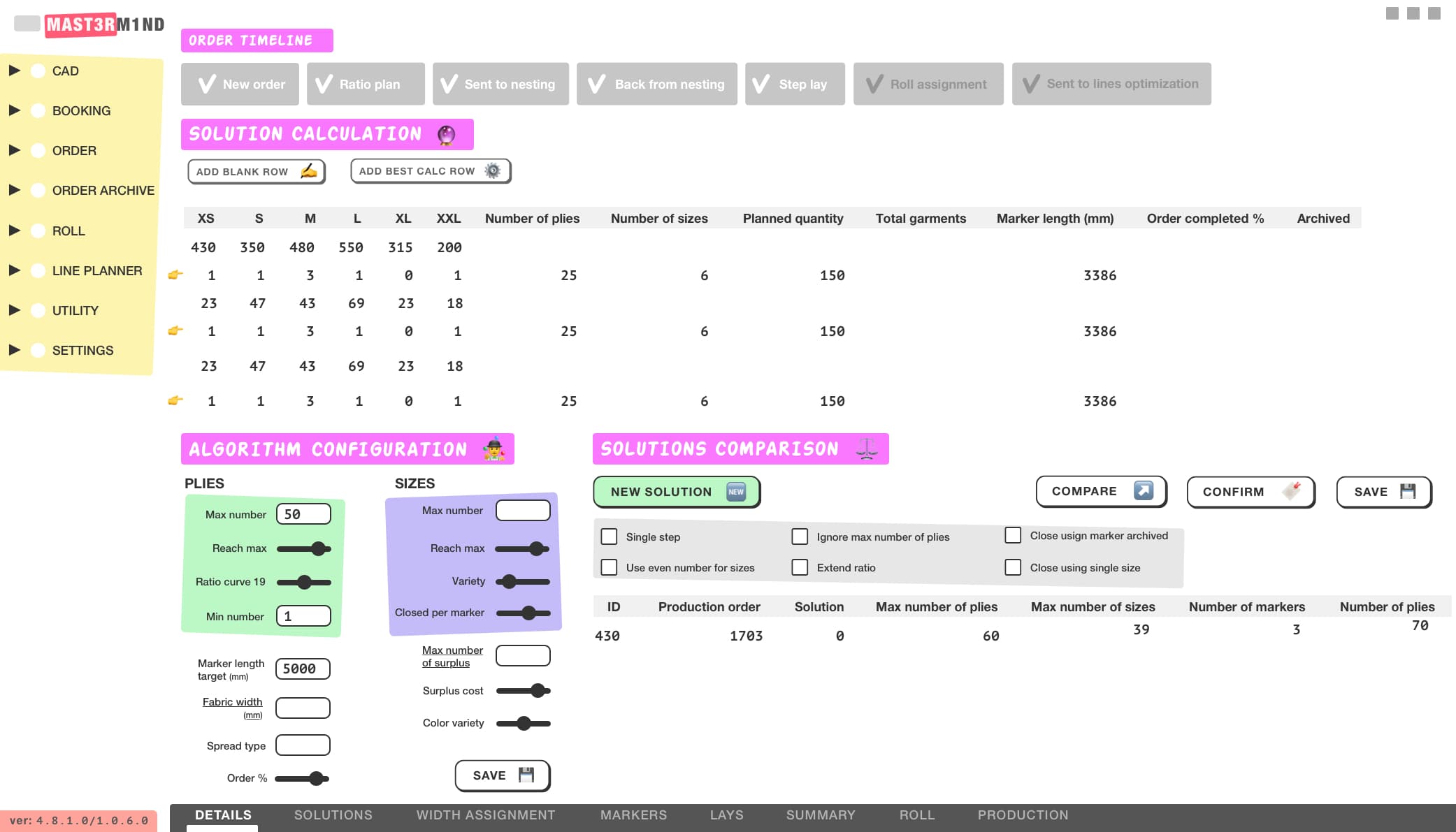 Mastermind: order timeline, algorithm configuration, solutions comparison