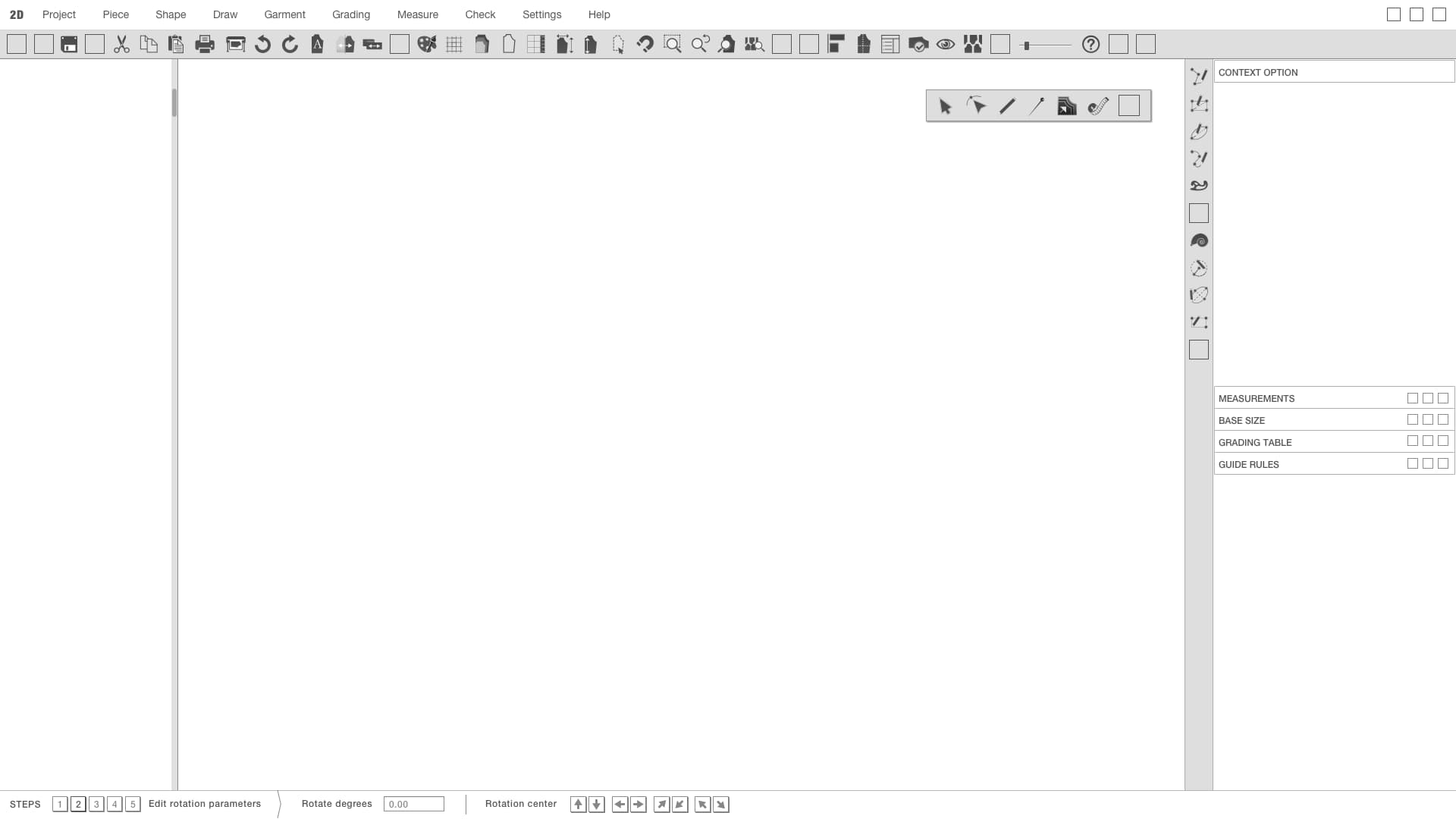 2D CAD: menu bar, toolbars and side panels for drawing, grading, measuring and checking patterns