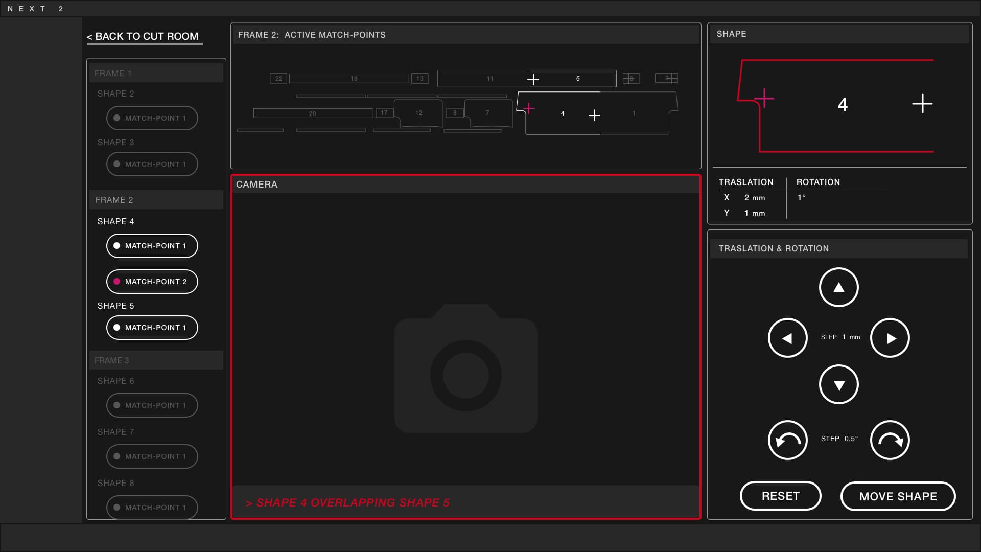 Next2: camera alignment of match points, shape overlapping warning