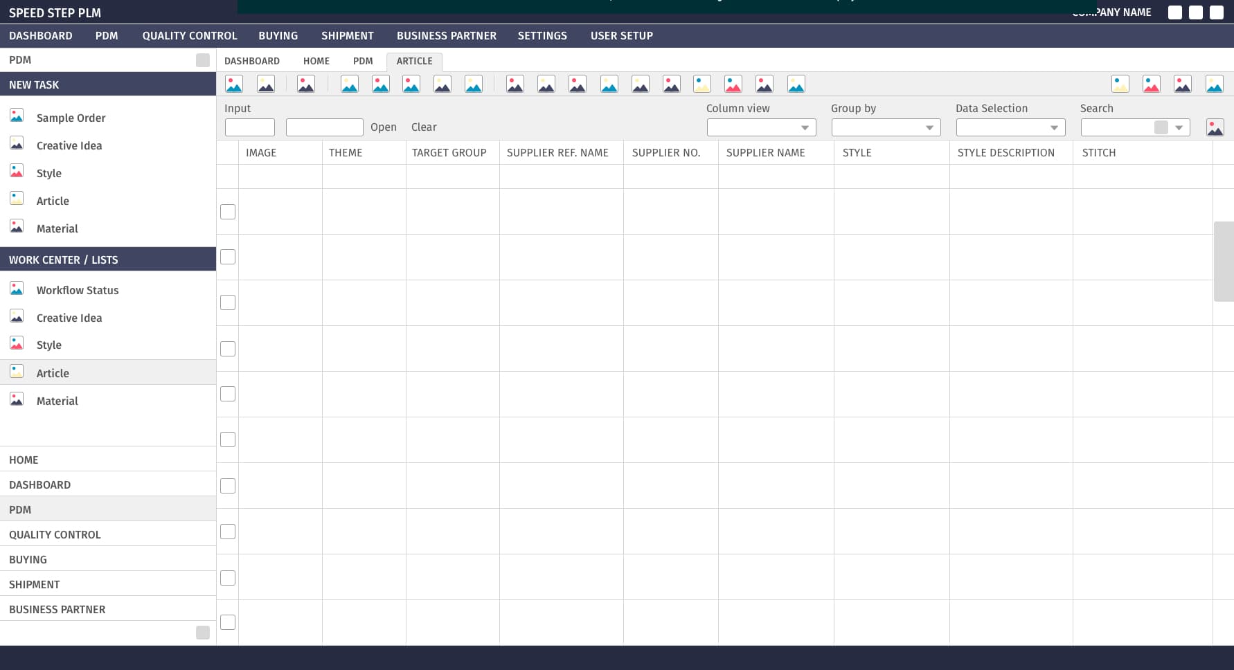 PLM article list: navigation, columns, grouping, search