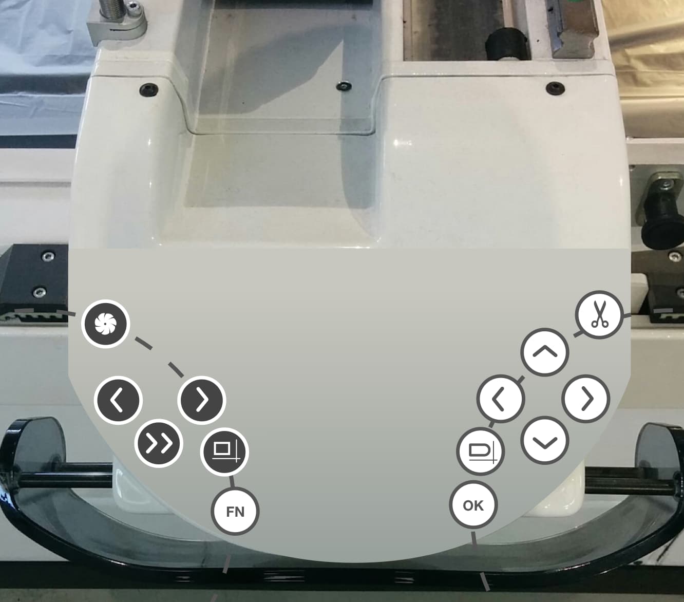 Next2 beam console: physical buttons laid out on the machine, left and right hand separated