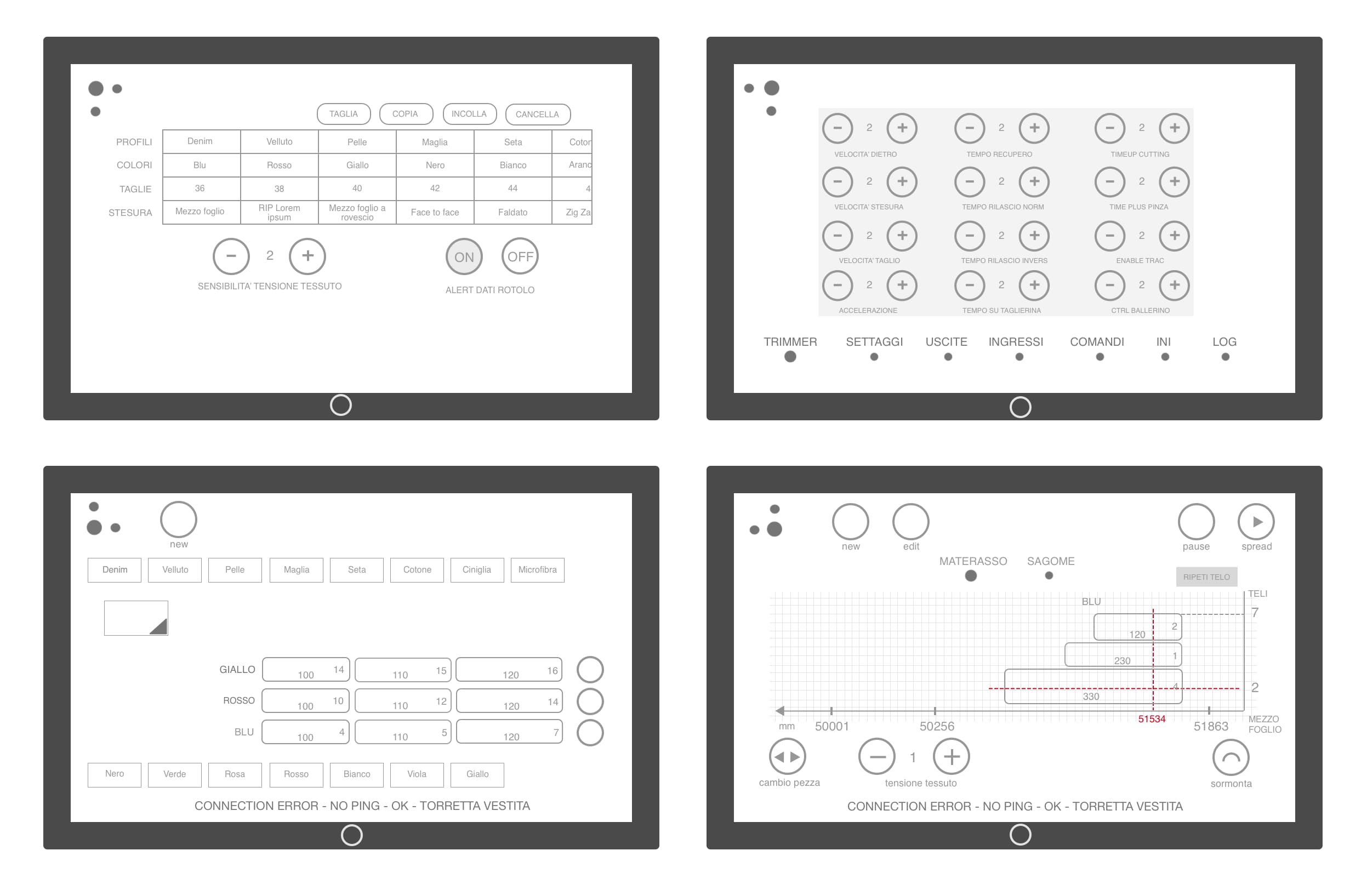 Fox 1 wireframes: profiles, settings, order list, lay preview