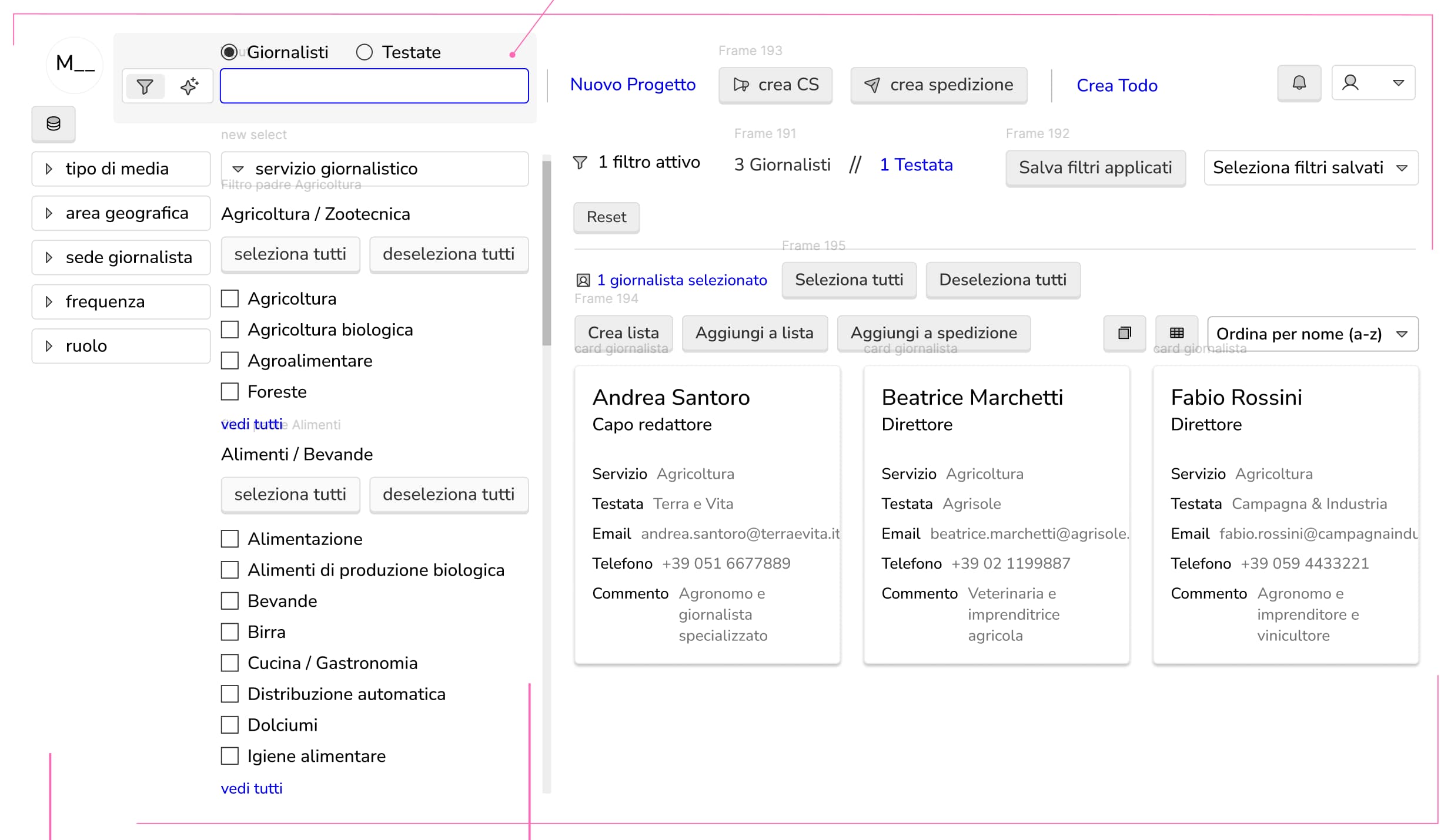 After: filters on the left, journalists as readable cards, list actions on top