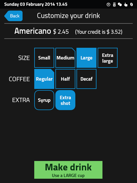 Egro One Touch: customise your drink, size, coffee, extra, make drink button