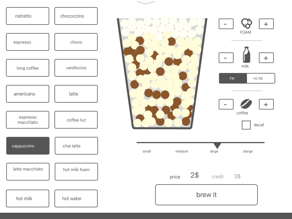 Egro: drink list on the left, a cup that fills with coffee and milk as you customise, size slider, brew it