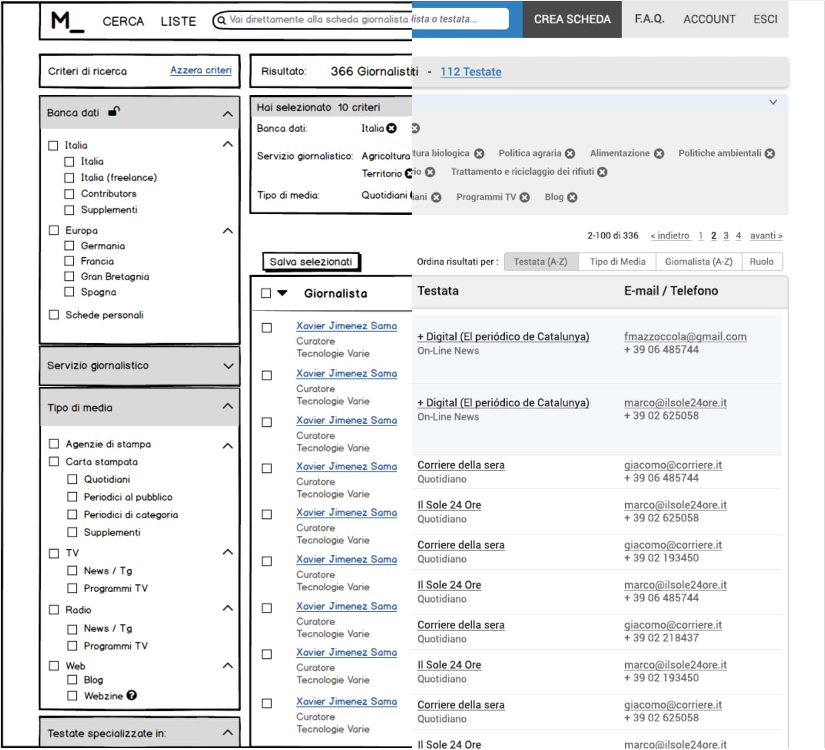 Before: search criteria as nested checkbox trees, results as a spreadsheet