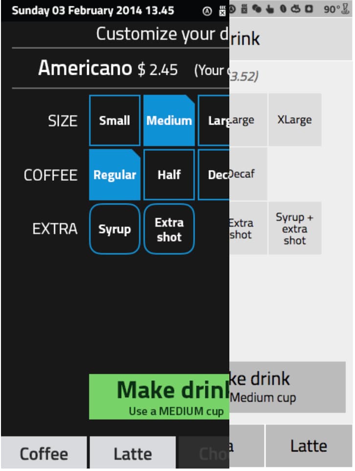 Egro One Touch wireframes: choose, pay, customise, wait — one-step versus multi-step flows