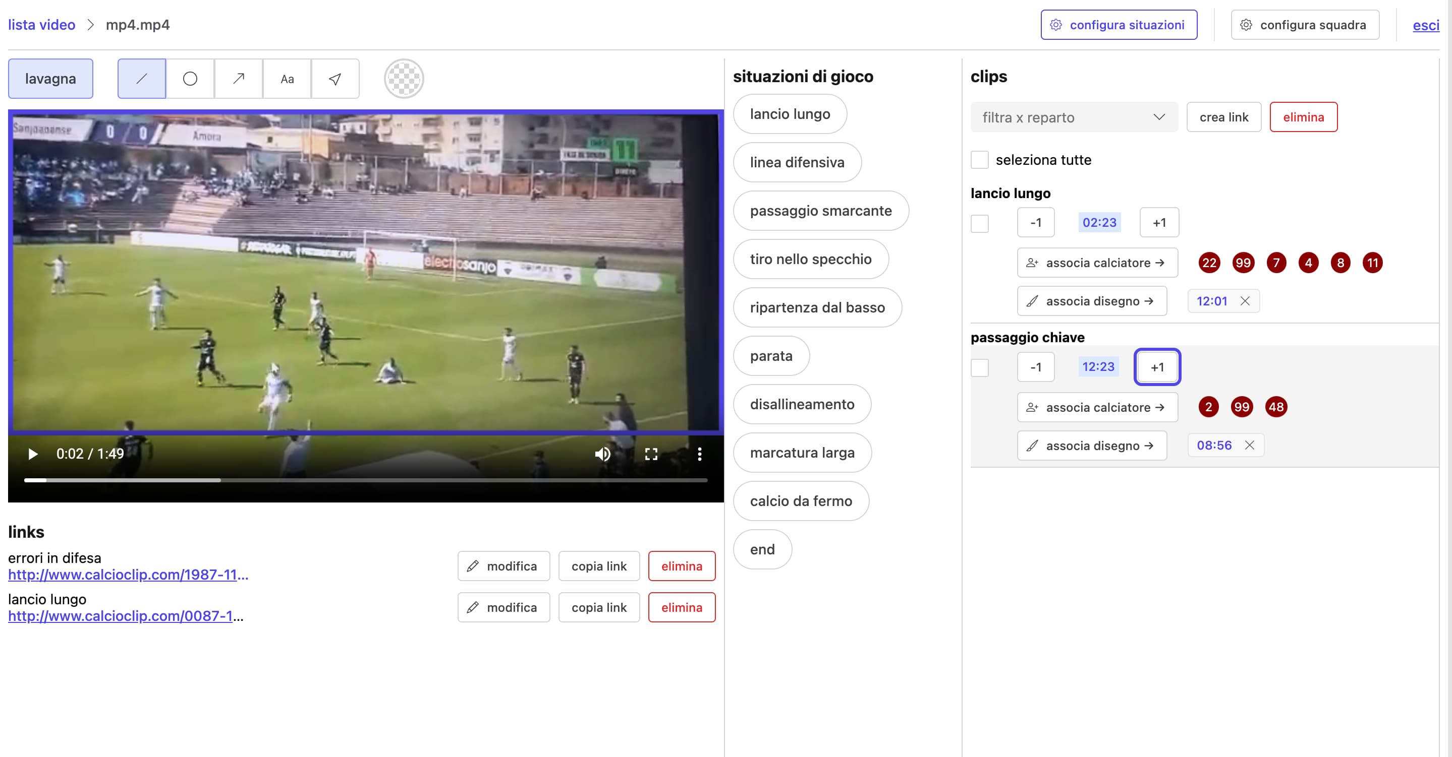 A clip being tagged: game situations, players involved, shareable links