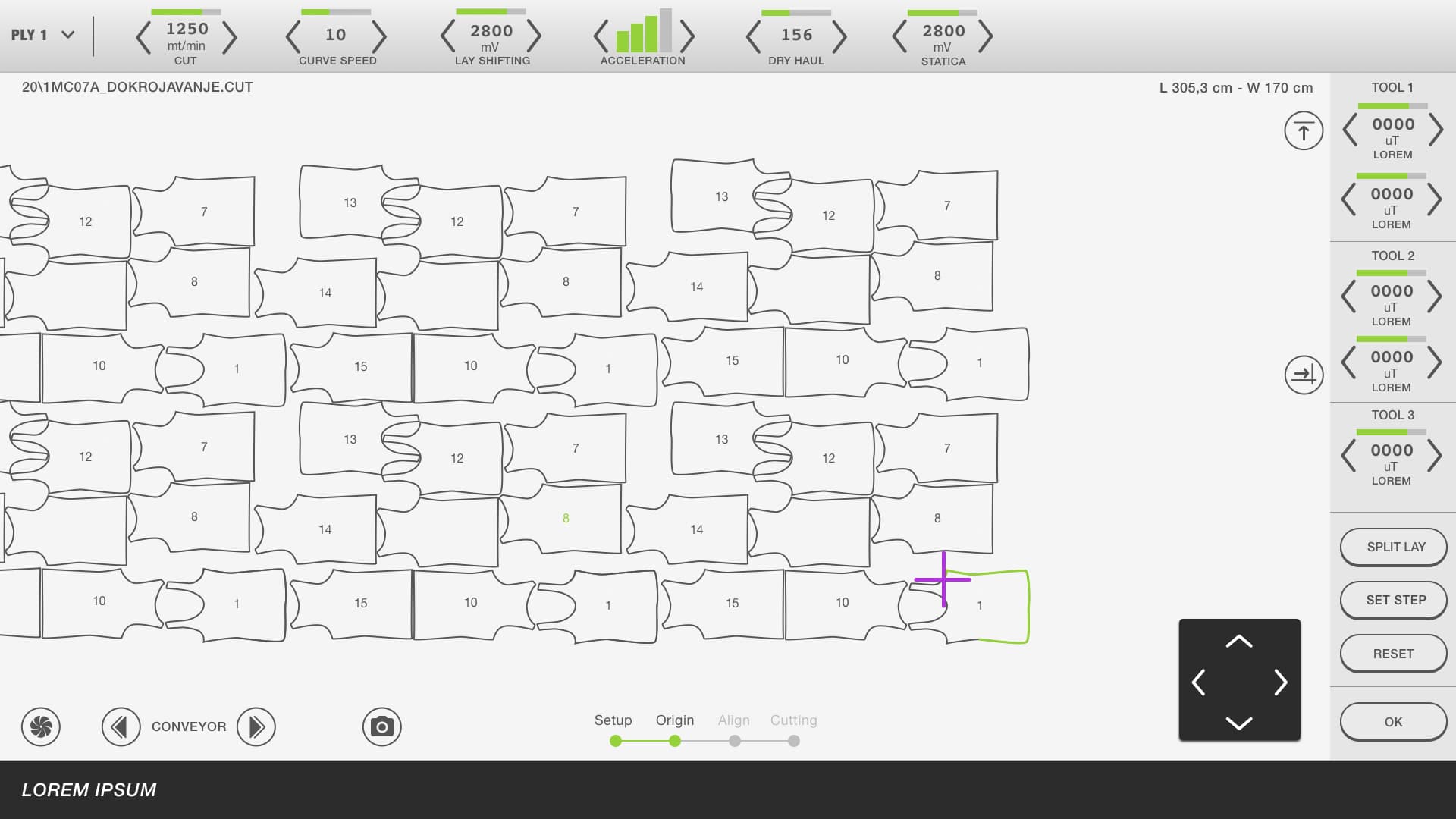 Ply1: the whole machine on one screen, nested pieces in the centre, speeds on top, tools on the right
