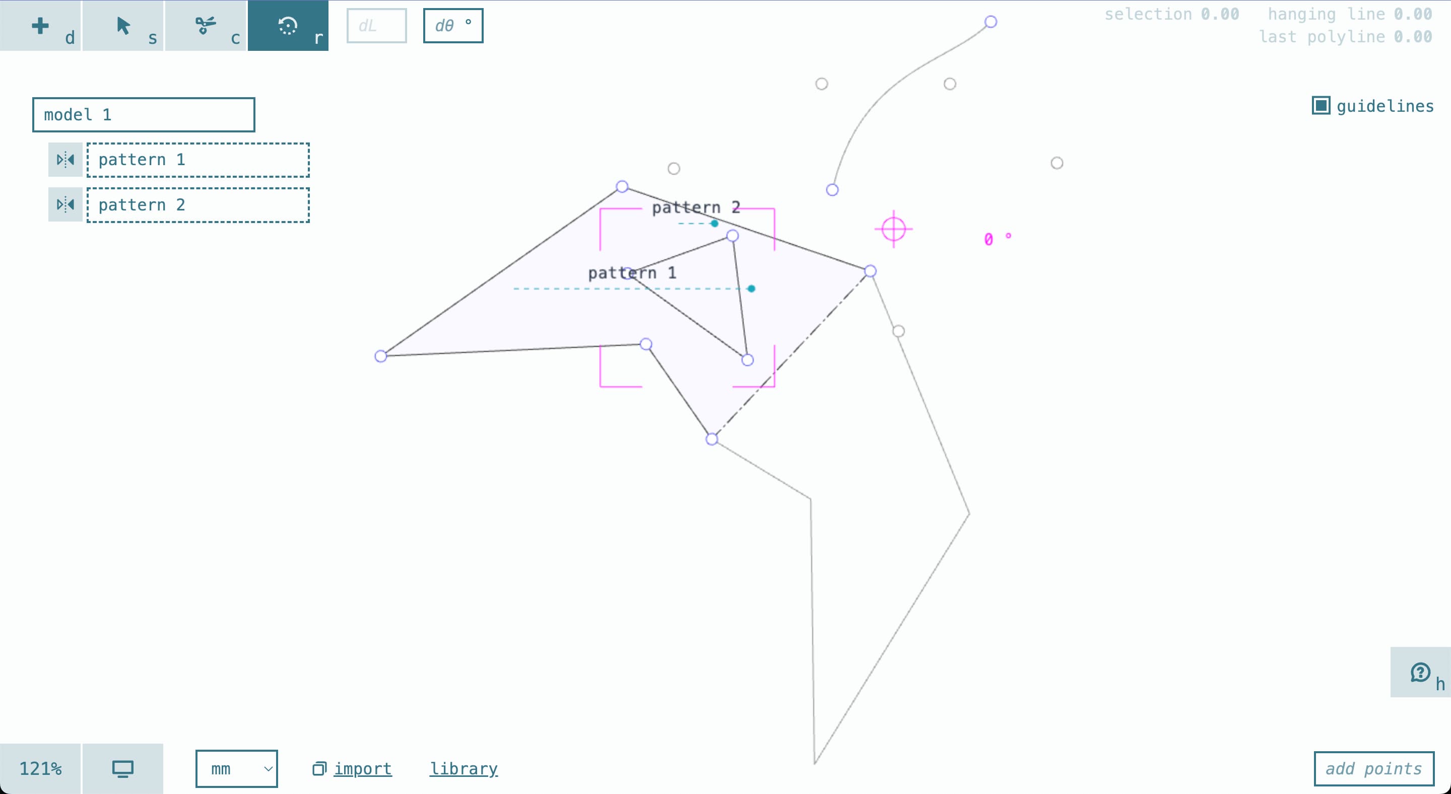 The web CAD: patterns manipulated directly on the canvas, single-letter shortcuts, almost no chrome