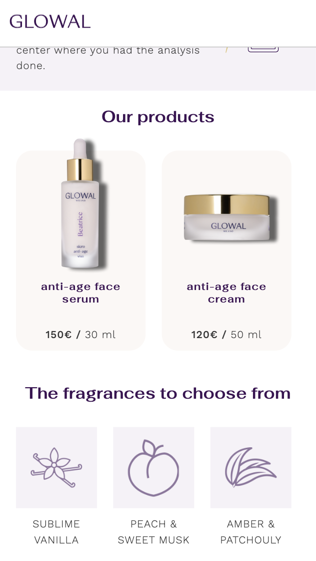 The live site on mobile: products and the fragrances to choose from
