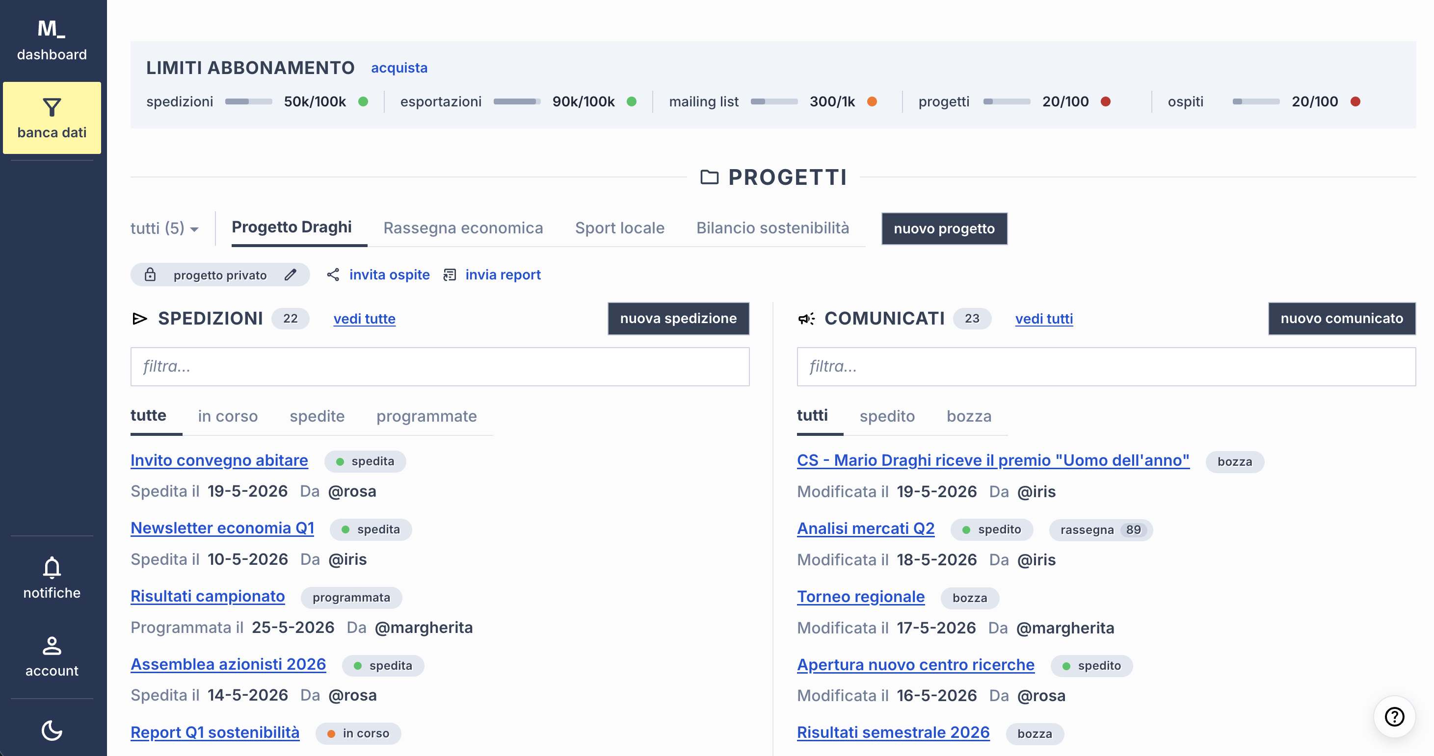The new dashboard: projects, mailings, press releases, subscription limits